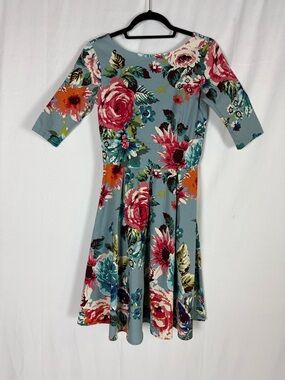 Teal Floral Midi Dress with Pink Blooms